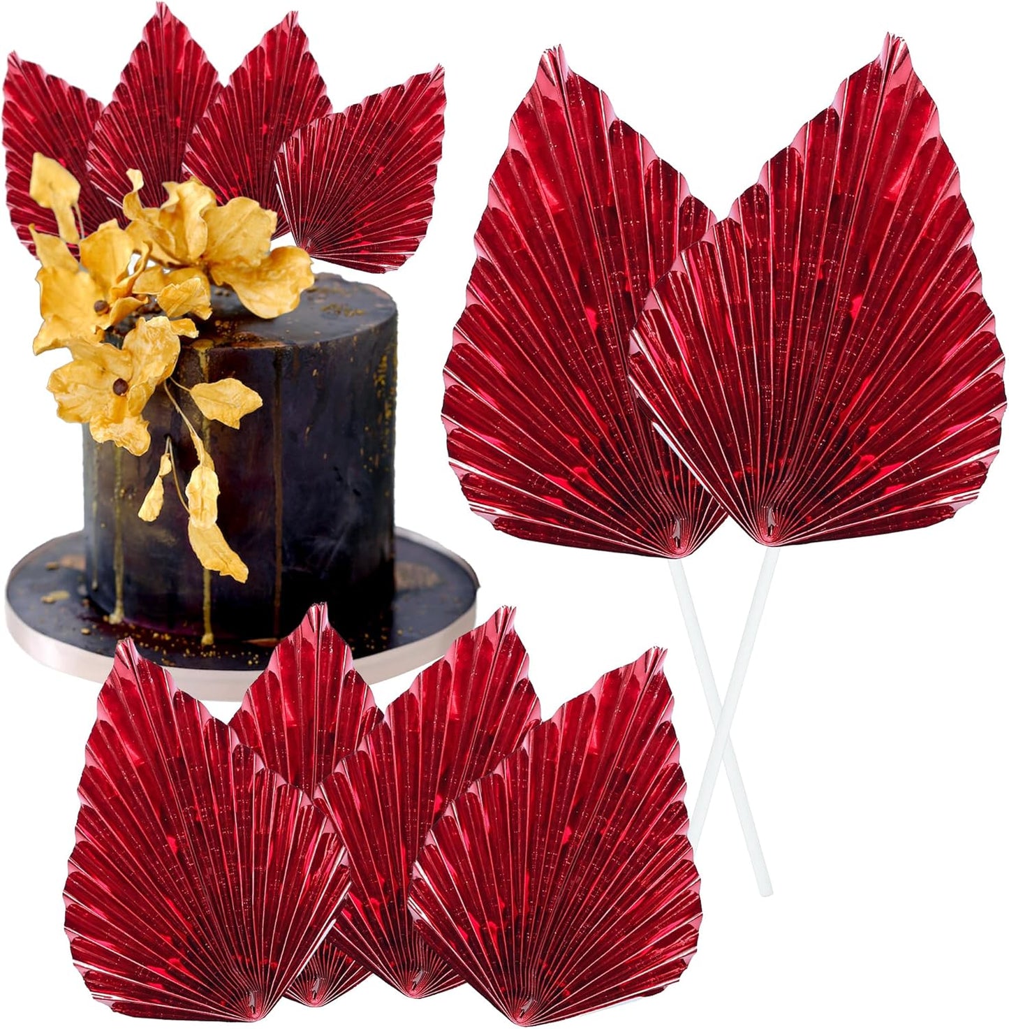 Gyufise 6Pcs Paper Palm Fan Cake Toppers Palm Spear Leaves Fan Cupcake Toppers Cake Insert Decorations Craft DIY Cake Bakeware Decoration for Birthday Party Wedding Party Decor Supplies Light Red