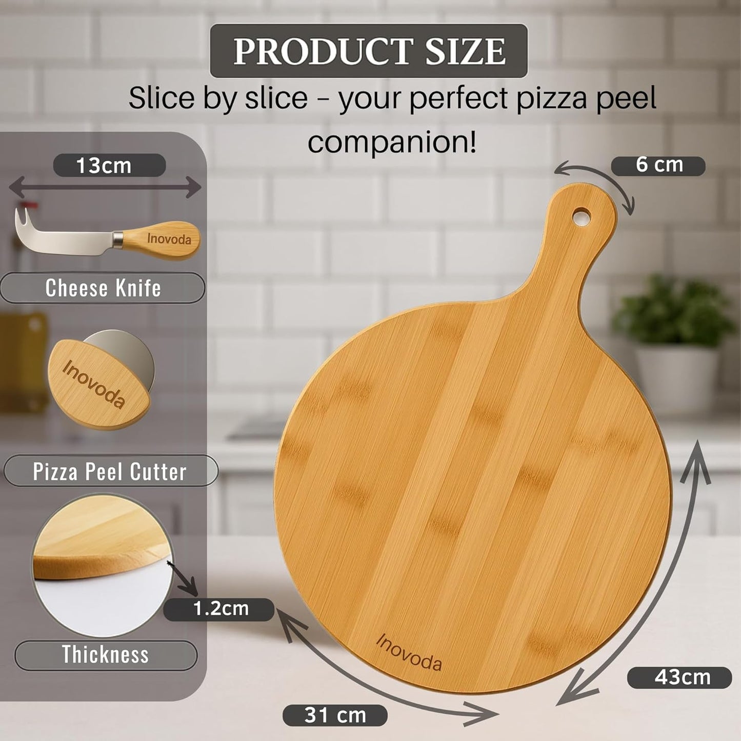Wood Pizza Cutting Board with Cheese Knife & Pizza Cutter -12” Pizza Board with Handle -Pizza Peel Chopping Board, Decorative Serving Board for Pizza & Charcuterie