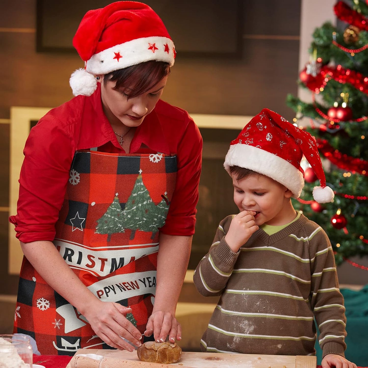 SATINIOR 4 Pcs Christmas Aprons Adjustable Kitchen Cooking Aprons Xmas Buffalo Plaid Merry Christmas BBQ Bib for Adults