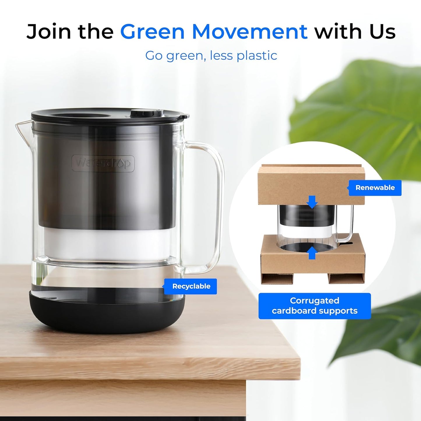 Waterdrop Glass Water Filter Pitcher with 1 Filter, Eco-Friendly, with NSF 53&42&372 Certified Filter, 7-Cup, Reduces PFOA/PFOS, Chlorine, Cadmium, Copper, Mercury, BPA Free, Easy to Clean, Black