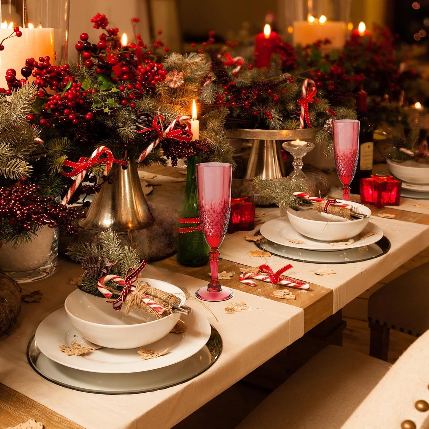 Plastic Champagne Flutes, 24PCS Dark Red Plastic Wine Glasses Goblets Reusable Champagne Flute for Weddings, Christmas, Bachelor Parties, Toasting, and Events(24, Dark Red)