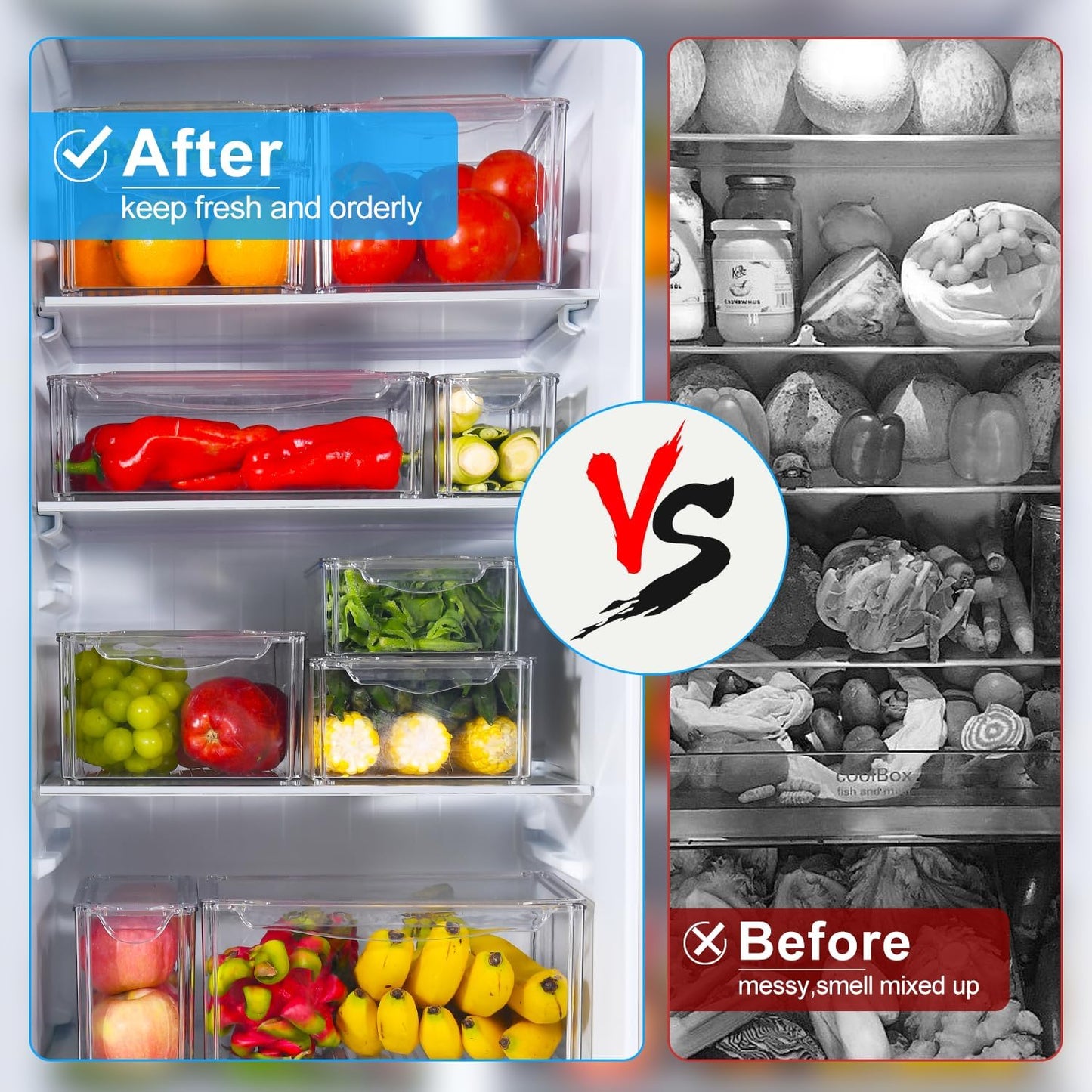 14 Pack Fridge Organizer, Stackable Refrigerator Organizer Bins with Lids, BPA-Free Produce Fruit Storage Containers for Storage Clear for Kitchen, Food, Drinks, Vegetable Storage