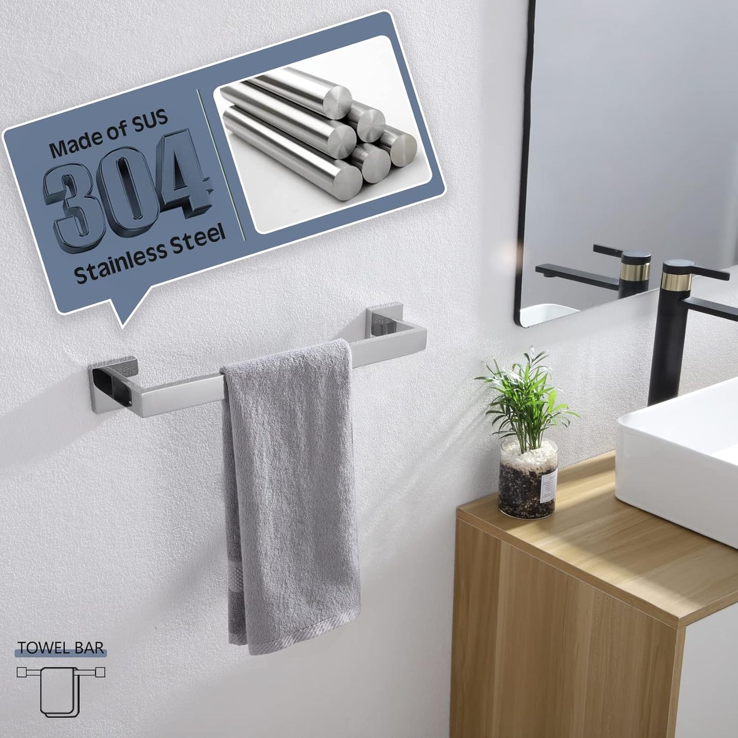 KOKOSIRI 16-Inch Single Towel Bar, Bathroom Kitchen Towel Holder, Wall Mounted SUS304 Stainless Steel Towel Rack, Polished Chrome, B4003CH-L16