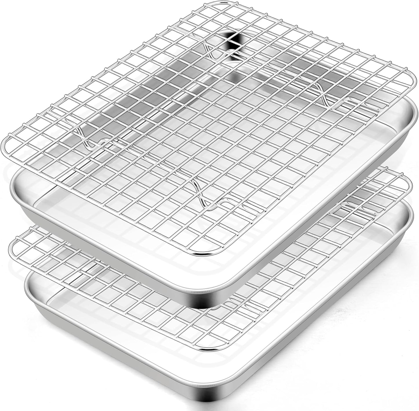 TeamFar Toaster Oven Pan with Rack Set, 9 x 7 x 1 Inch Stainless Steel Mini Baking Pan Tray with Grid Rack for Baking Roasting Cooling, Non-Toxic & Heavy-Duty, Dishwasher Safe, (2 Pans + 2 Racks)