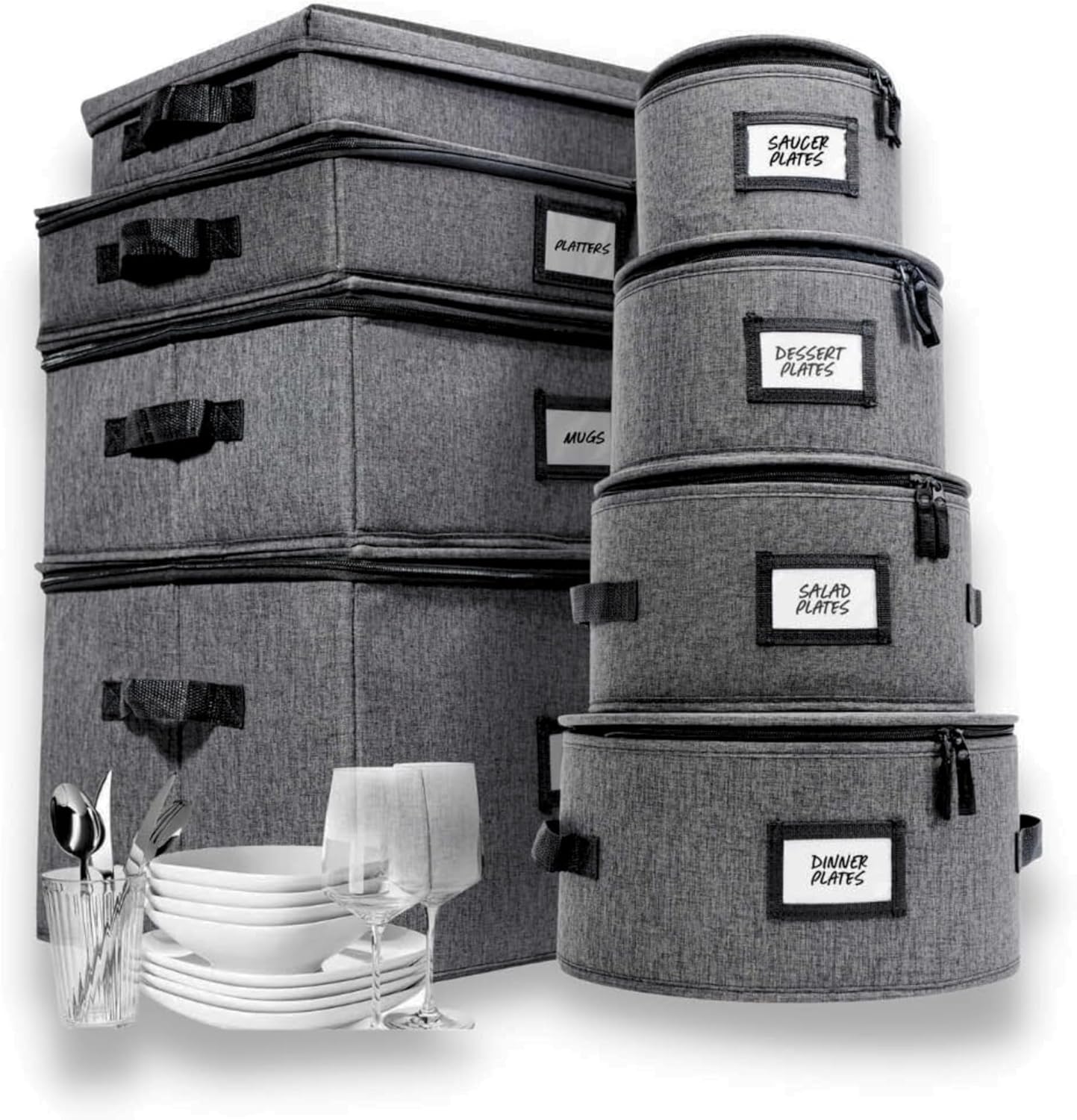 HOMELUX THEORY 8pcs Hard Shell China Storage Containers, Mug Storage, Wine Glass, Utensils, & Plate Storage Containers with Lid, Heavy Duty Dinnerware Storage for Packing Plates, Glassware & Cutlery