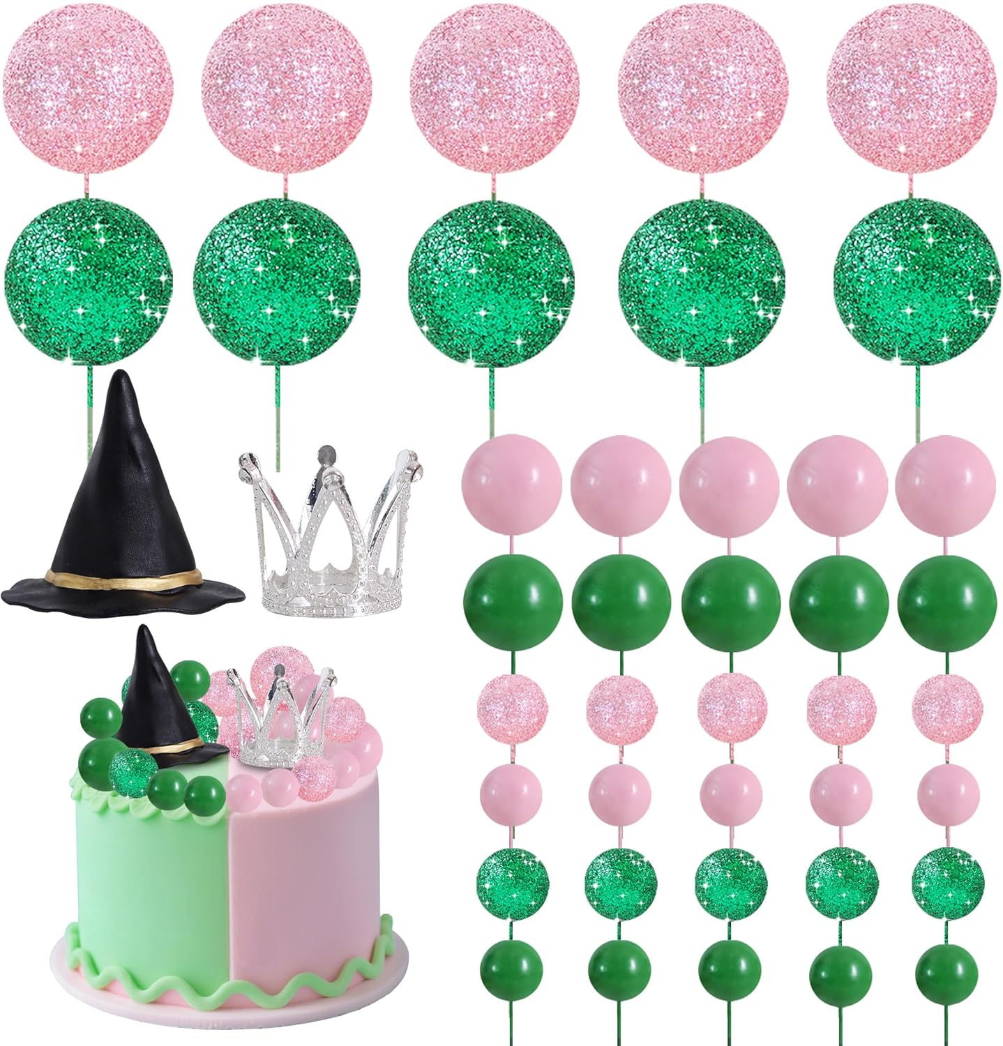 BEISHIDA 42 pcs Foam Ball Cake Toppers with Witch Hat and Crown Decorations Cake Decorations for Witch Theme Party Decor Pink and Green Decorations Supplies