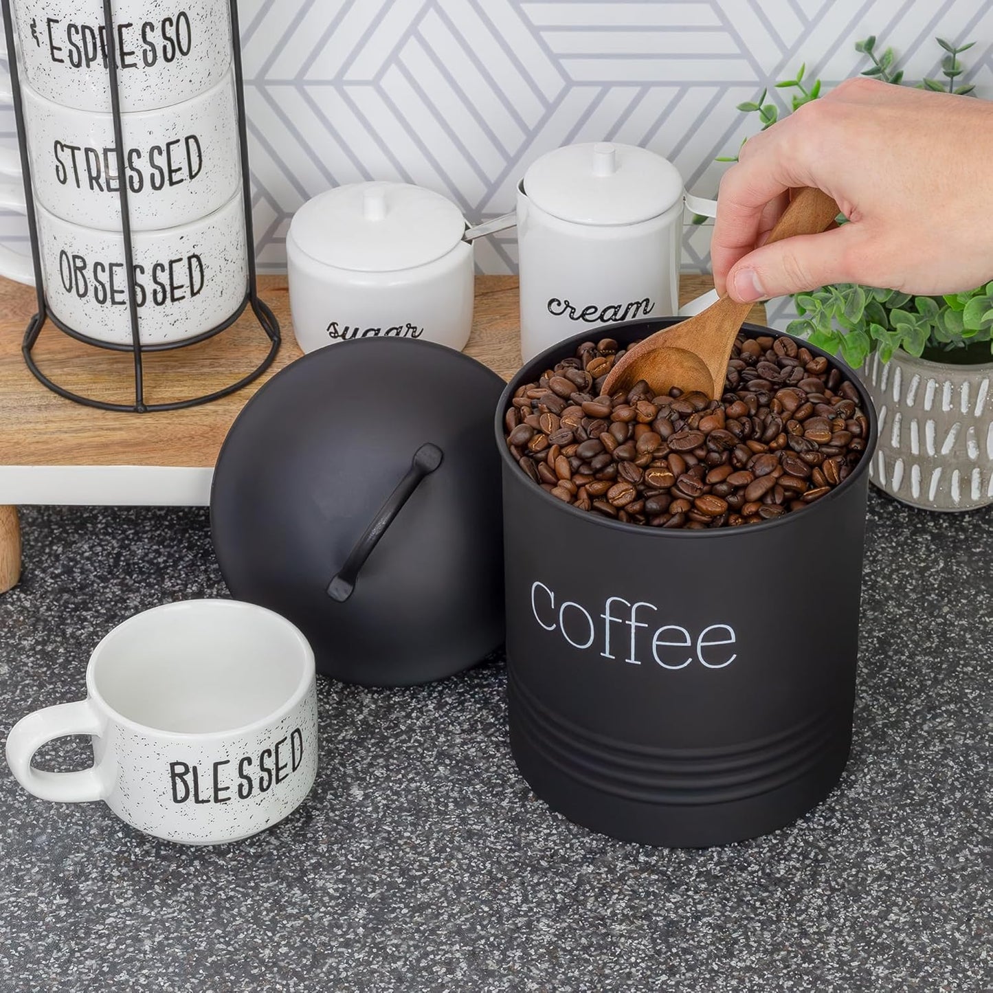 AuldHome Design Enamelware Black Coffee Canister; Modern Farmhouse Style Coffee Storage for Kitchen