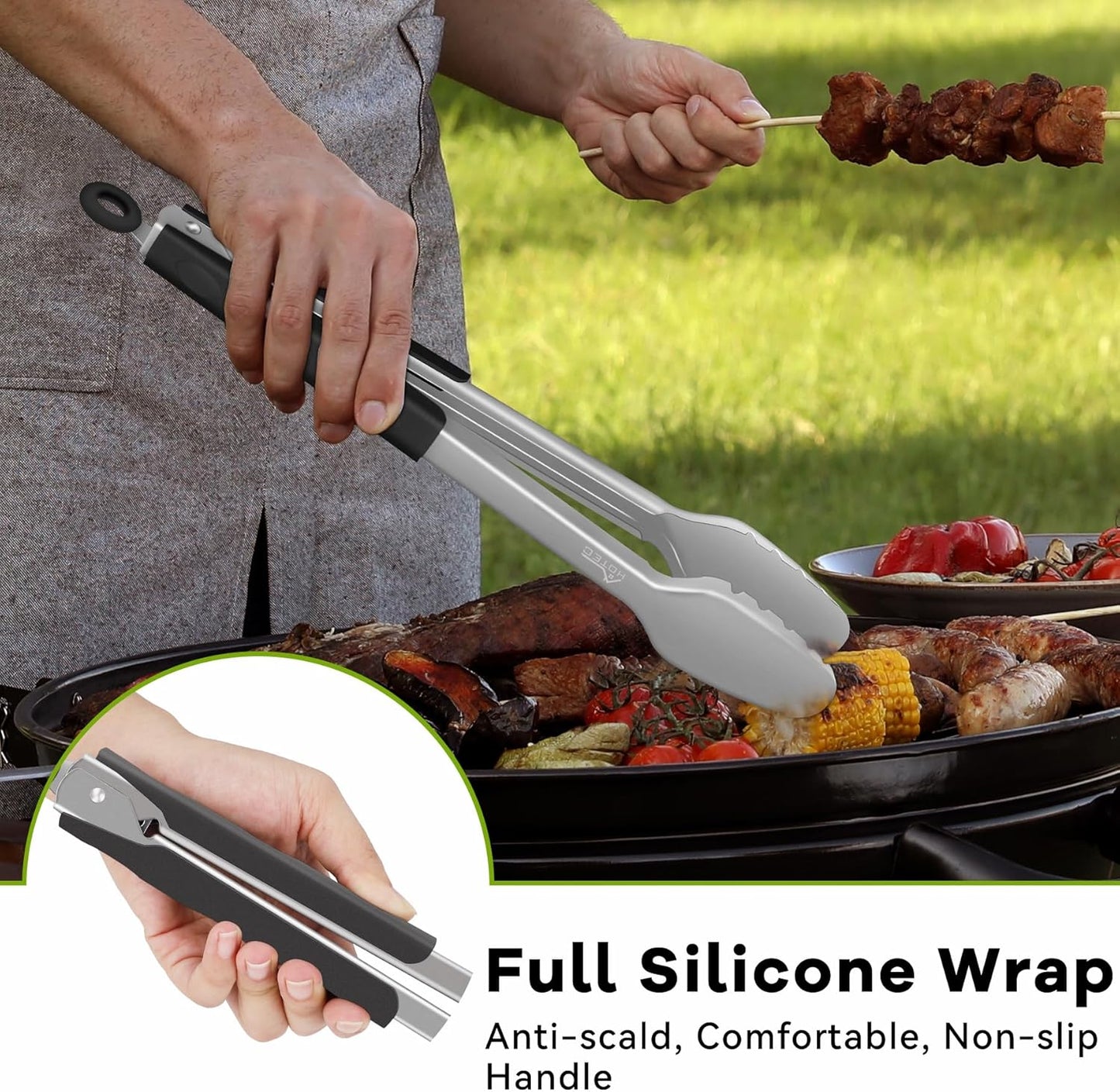 Hotec Stainless Steel Kitchen Tongs Grill Tongs Set of 2-9" and 12", Barbecue Tongs Locking Metal BBQ Kitchen Food Tongs for Cooking Non-Slip Grip