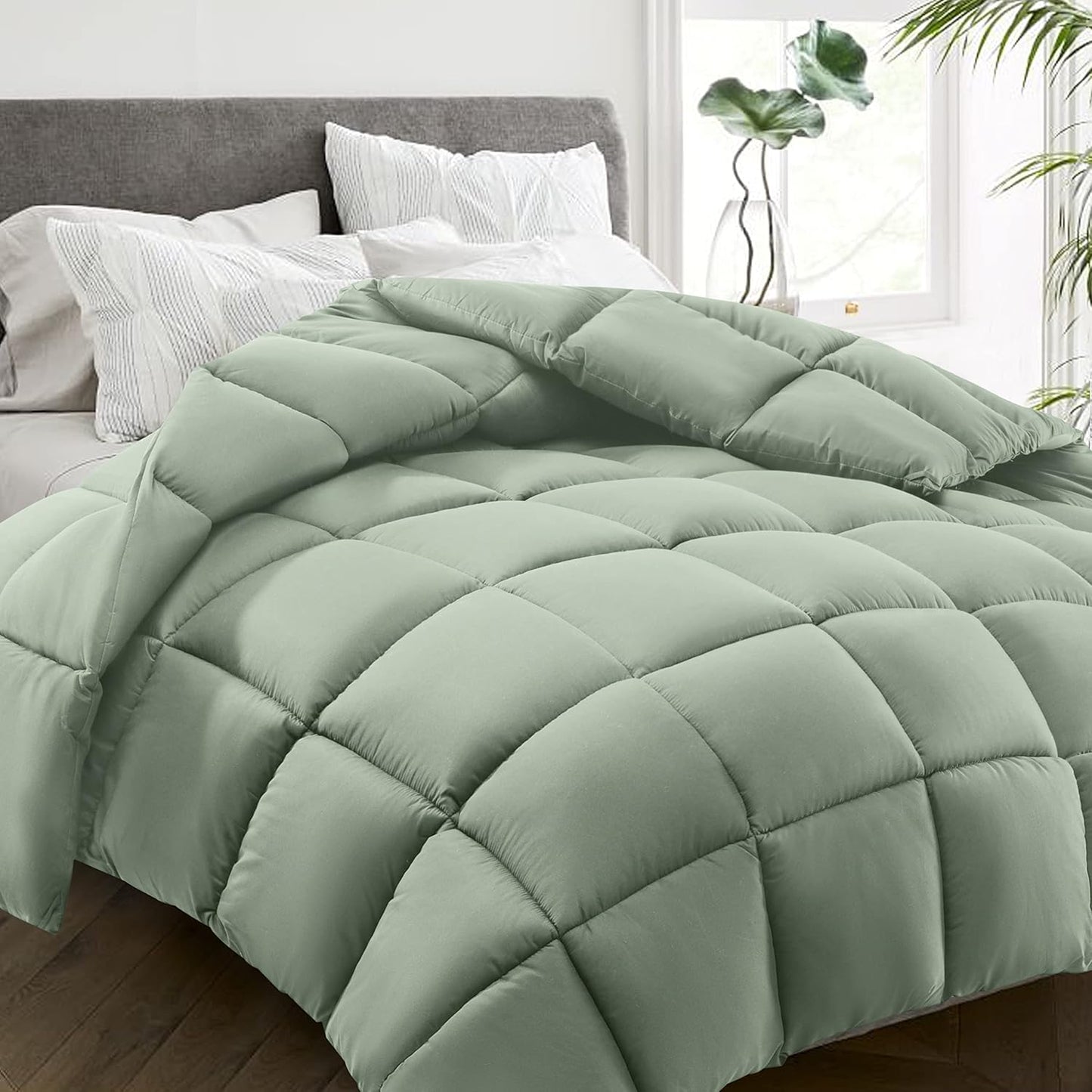 HYLEORY All Season Twin Size Bed Comforter - Cooling Down Alternative Quilted Duvet Insert with Corner Tabs - Winter Warm - Machine Washable - Sage Green
