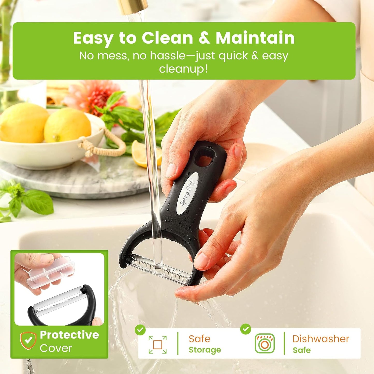 Spring Chef Swivel & Vegetable Julienne Peeler Set for Kitchen with Stainless Steel Sharp Blades - Potato Peelers with Soft Grip Handles & Blade Covers - Perfect for Carrot, Zucchini, Cucumber - Black