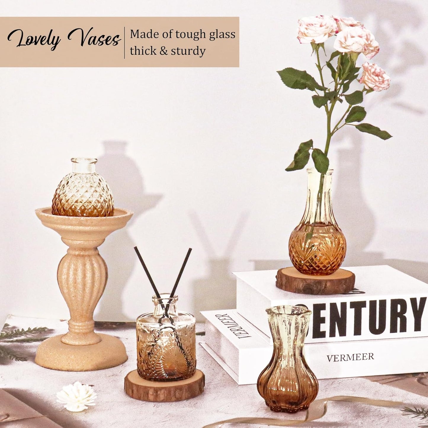 36Pcs Bud Vases Set Small Vintage Glass Bottles Bud Vases in Bulk Multiple Shape Cute Glass Vases for Rustic Wedding Centerpieces Table Decorations and Home Decor(Amber)