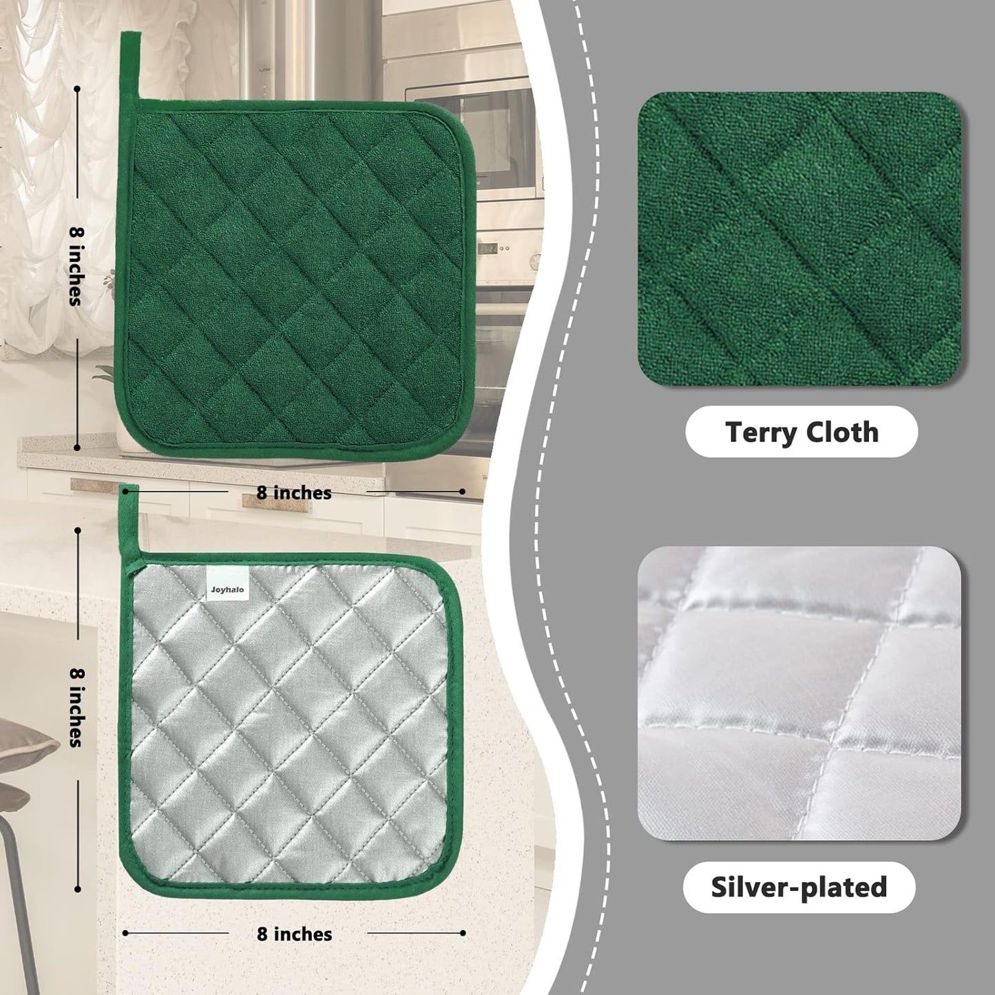 Joyhalo 4 Pack Pot Holders for Kitchen,Cotton Oven Holder with Great Heat Resistance,Non Slip Hot Pads for Kitchen Clearance,Dark Green