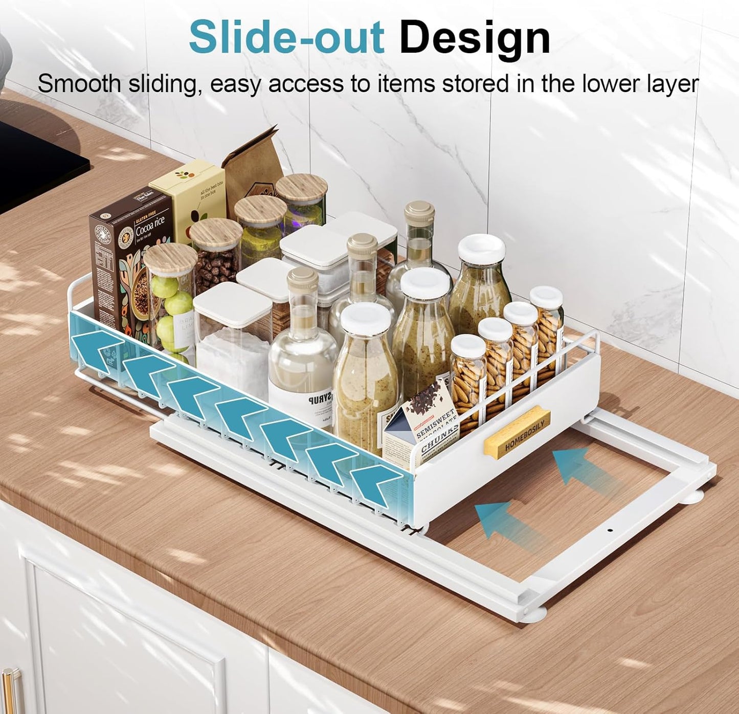 Under Sink Organizer, Kitchen Pull Out Cabinet Organizer, Mute Slide Out Metal Under Sink Organizers and Storage Shelves for Kitchen Bathroom Laundry Cabinet Pantry, White