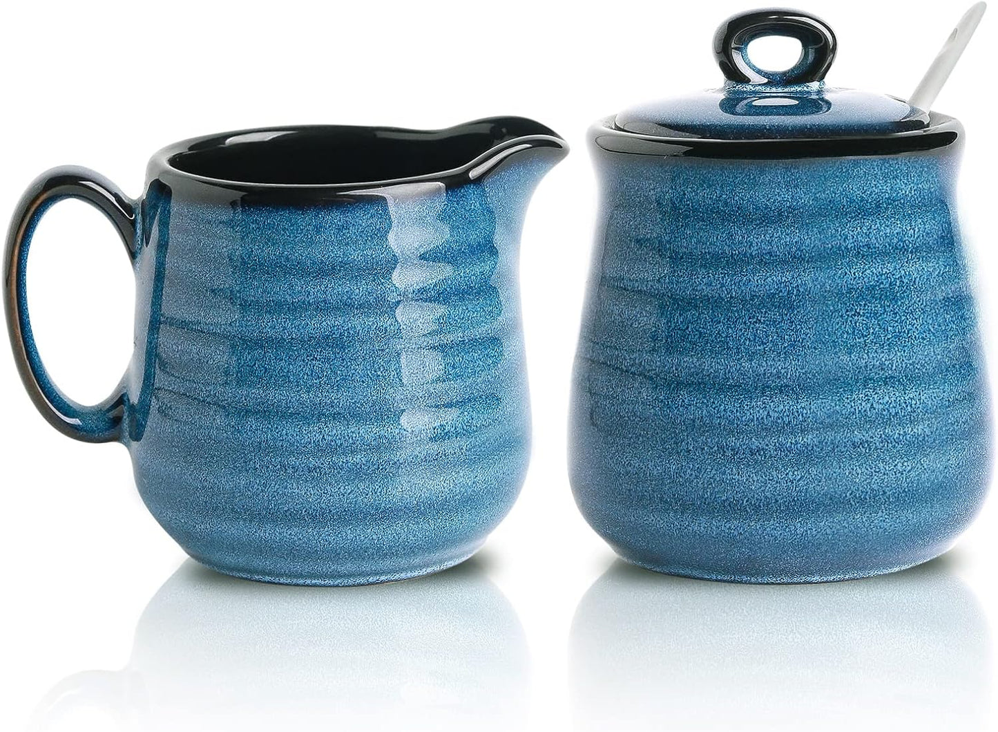 Hasense Porcelain Sugar and Creamer Set,11 Ounce Sugar Bowl with Lid and Spoon,10 Ounce Cream Pitcher,Farmhouse Coffee Sets for Serving,Dishwasher Safe(Blue)