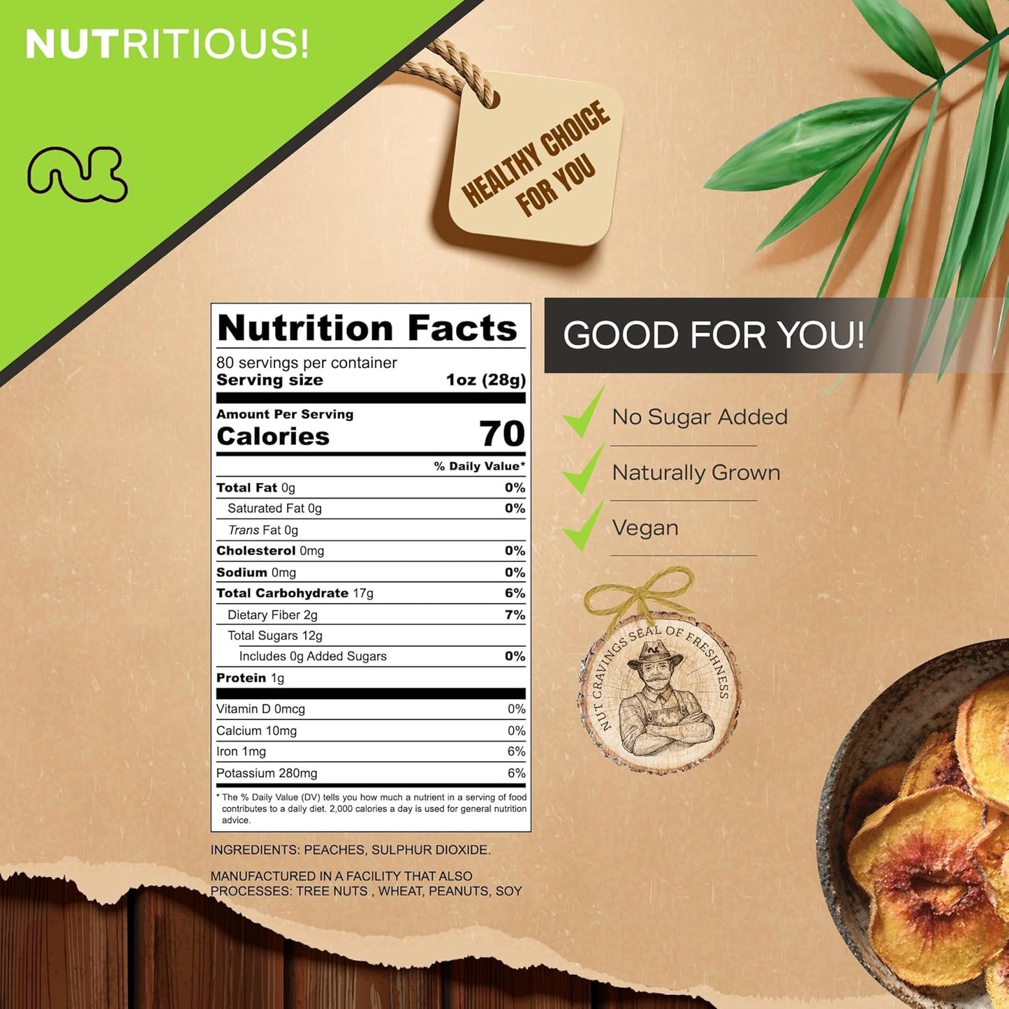 NUT CRAVINGS - Sun Dried California Peaches, No Sugar Added (80oz, 5 LB) Bulk Dry Fruits Packed Fresh in Resealable Bag - Sweet Healthy Snack, Naturally Grown, Vegan, Kosher