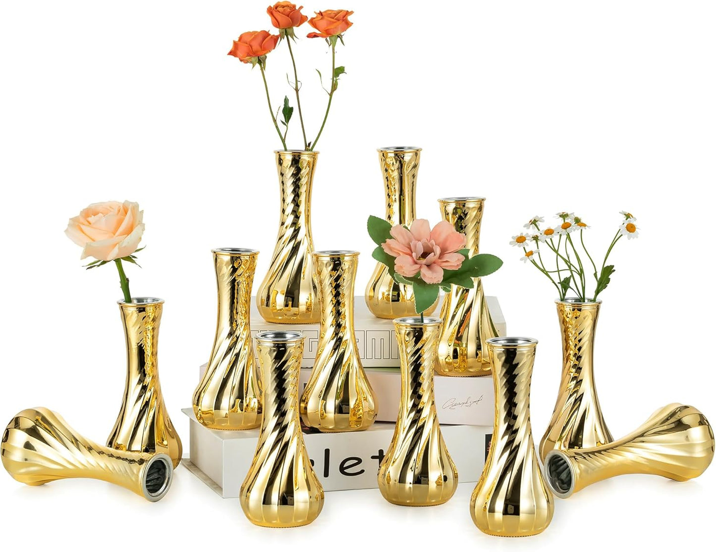 NUPTIO Glass Bud Vase Gold: 12 Pcs Small Flower Vases for Wedding Party Table Centrepiece - Vintage Ribbed Vase for Home Birthday Reception Decorations