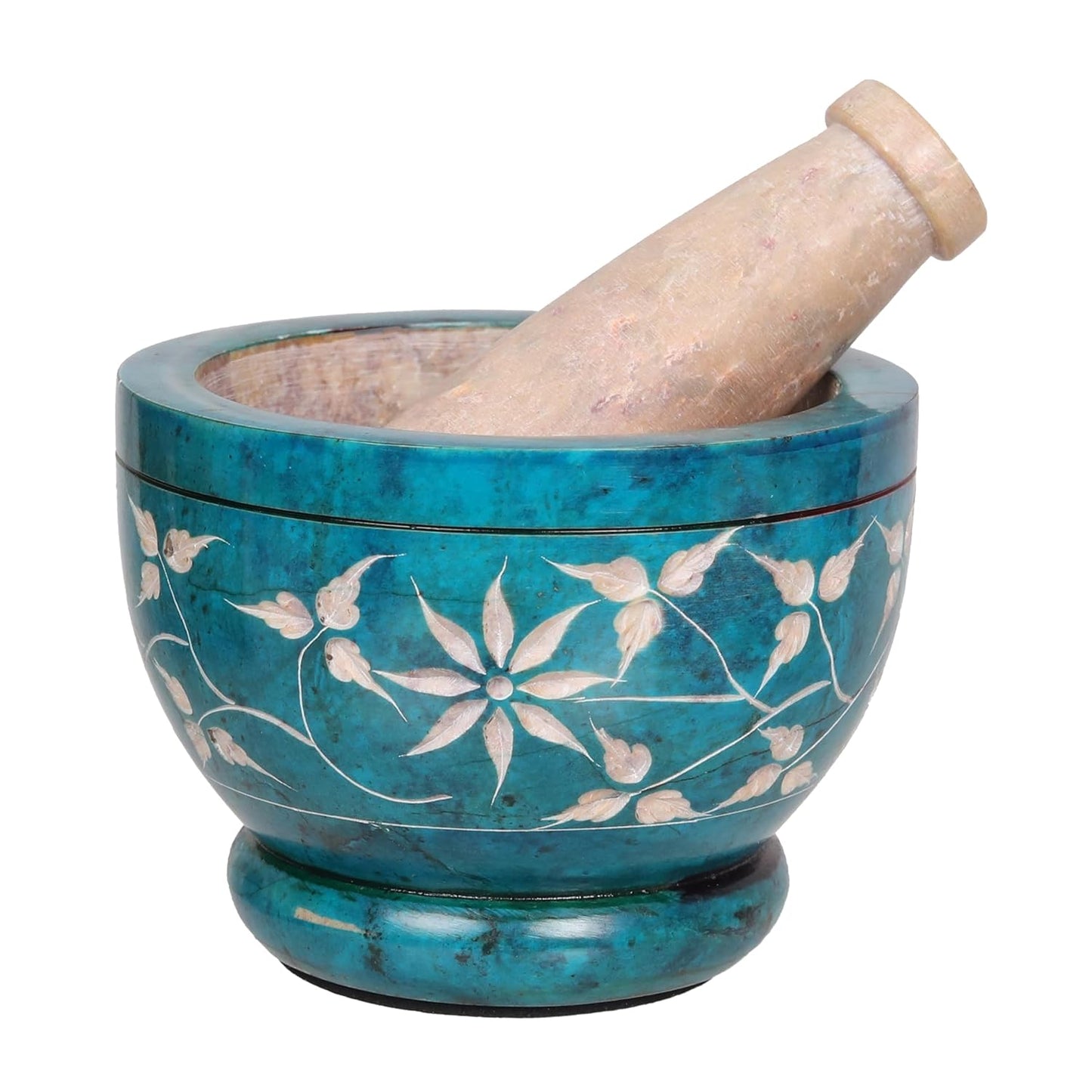 Mortar and Pestle, Made of Heavy Duty Polished Hard Stone, Natural Stone Grinder for Spices, Pastes, Herbs, Seasoning etc. (Turquoise Floral)