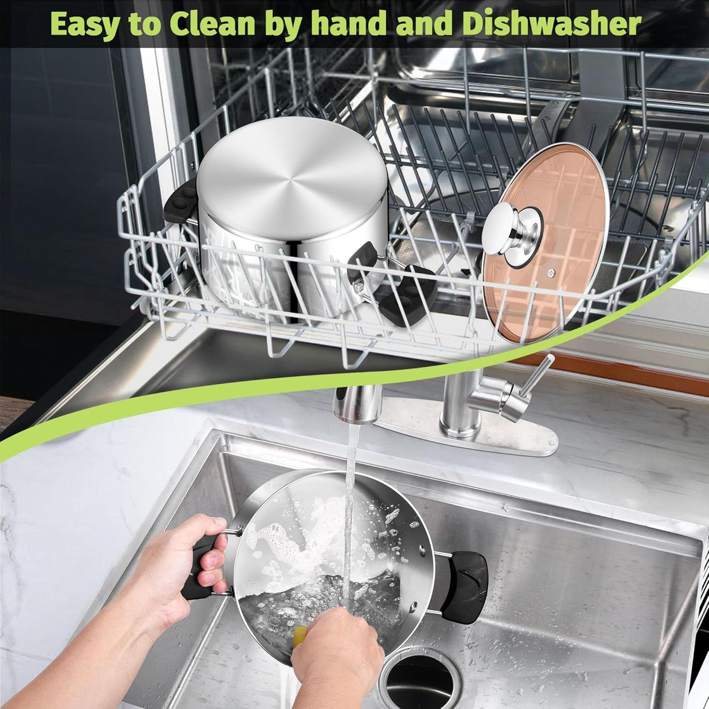 P&P CHEF Stainless Steel 3-Ply Sock Pot with Lid, Stockpot for Cooking Pasta & Stewing Soup, Fits Multi Stoves, Heat-proof Handle & Clear Lid, Heavy Duty & Dishwasher Safe, 5 Quarts