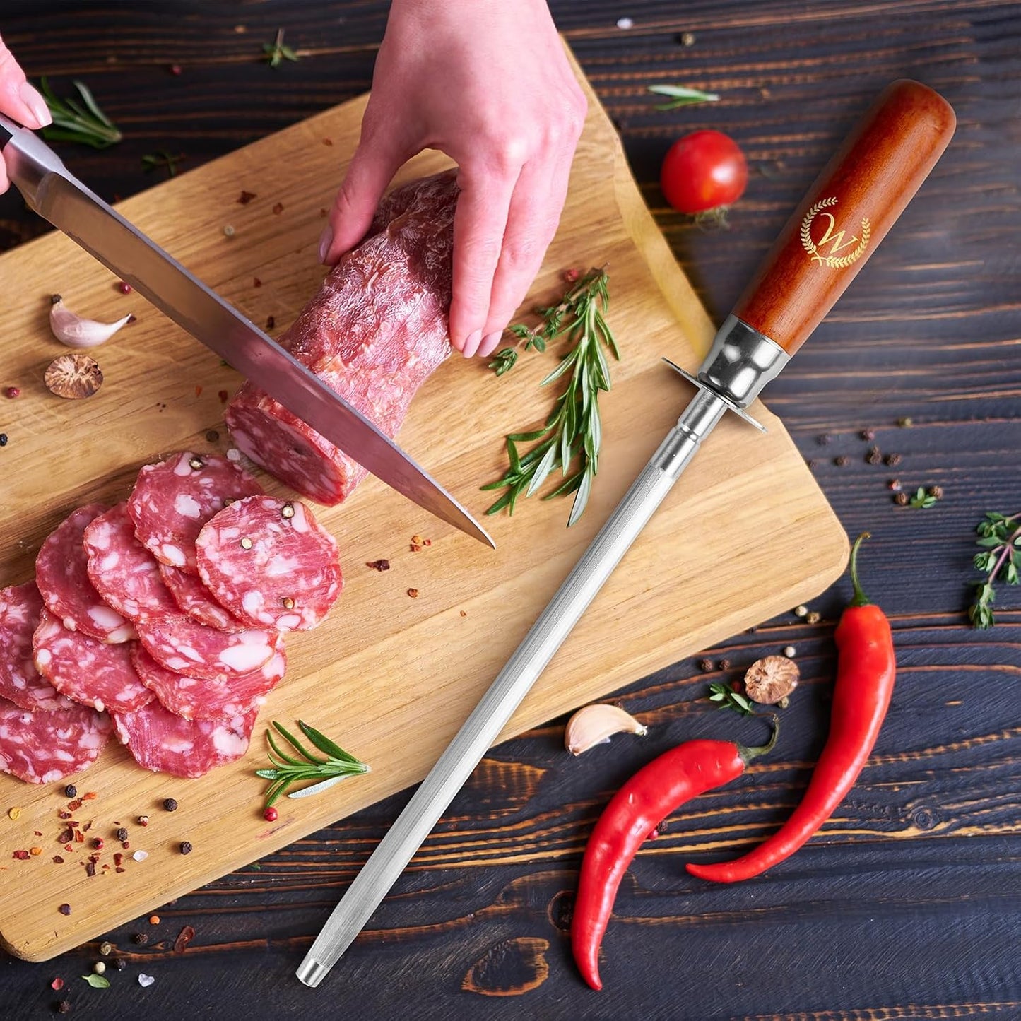 Knife Sharpener Rod, Kitchen Knives Sharpener Carbon Steel Professional Knife Sharpening Steel, Honing Rod with Hanging Holes (13 inches), W