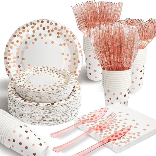 AIRE 175Pcs White Rose Gold Paper Plates Dinnerware Sets for 25 Guests, Party Supplies Disposable Paper Party Plates Napkins Cups Plastic Forks Knives Spoons For Birthday Baby Shower Wedding New Year