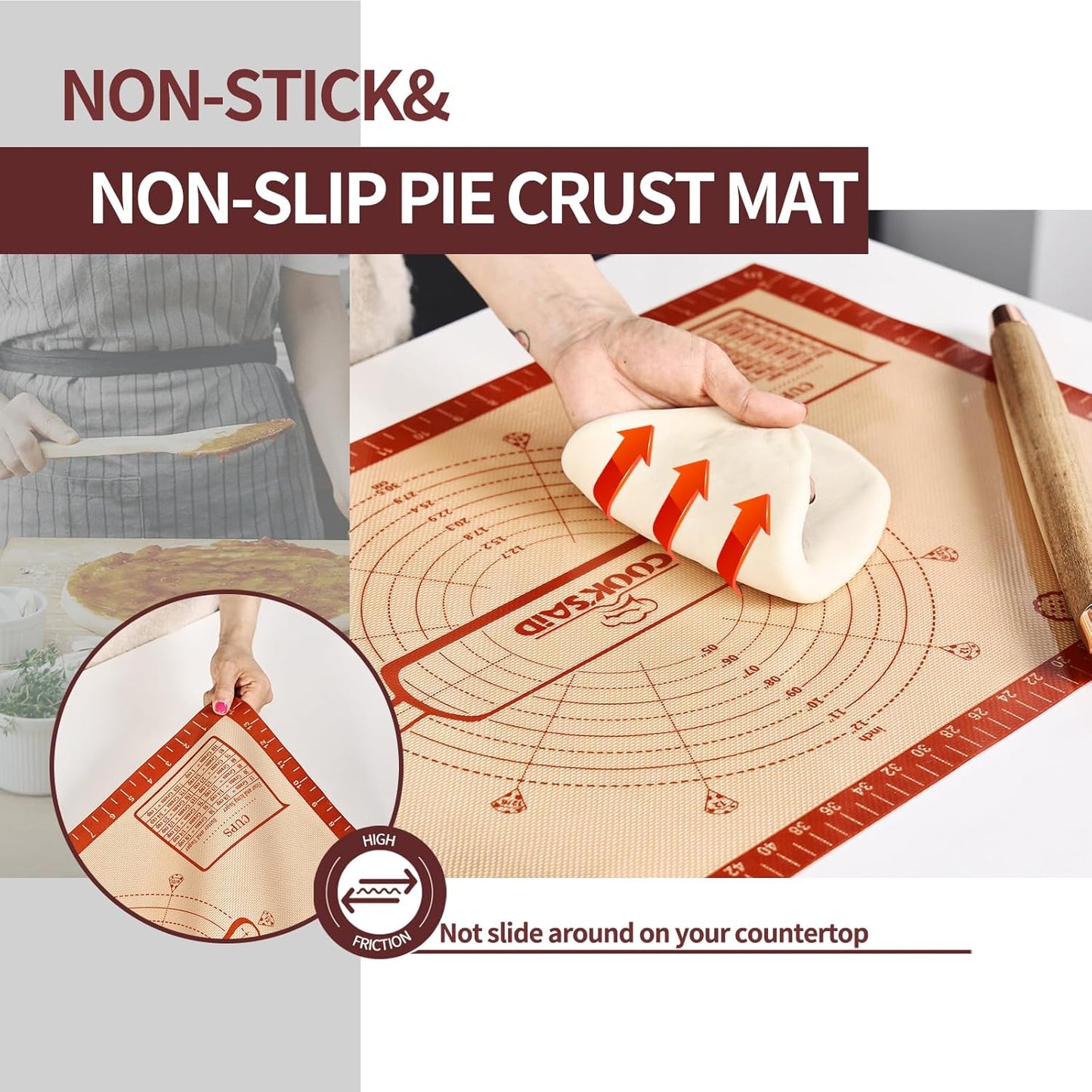 Cook's Aid Silicone Pastry Mat Extra Large with Measurements 26''x16'' for Reusable,Non-slip Silicone Baking Mat, Counter, Dough Rolling, Oven Liner,Fondant/Pie Crust, Red