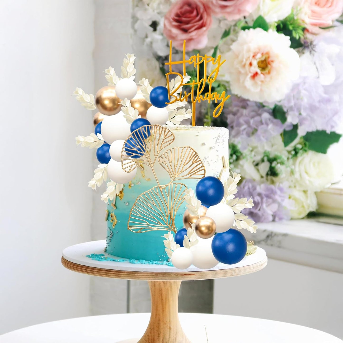 Gyufise 57Pcs Balls Cake Topper Boho Grass Cake topper Pearl Balls Acrylic Happy Birthday Cake Decorations for Wedding Baby Shower Birthday Boho Themed Party Supplies Royal Blue