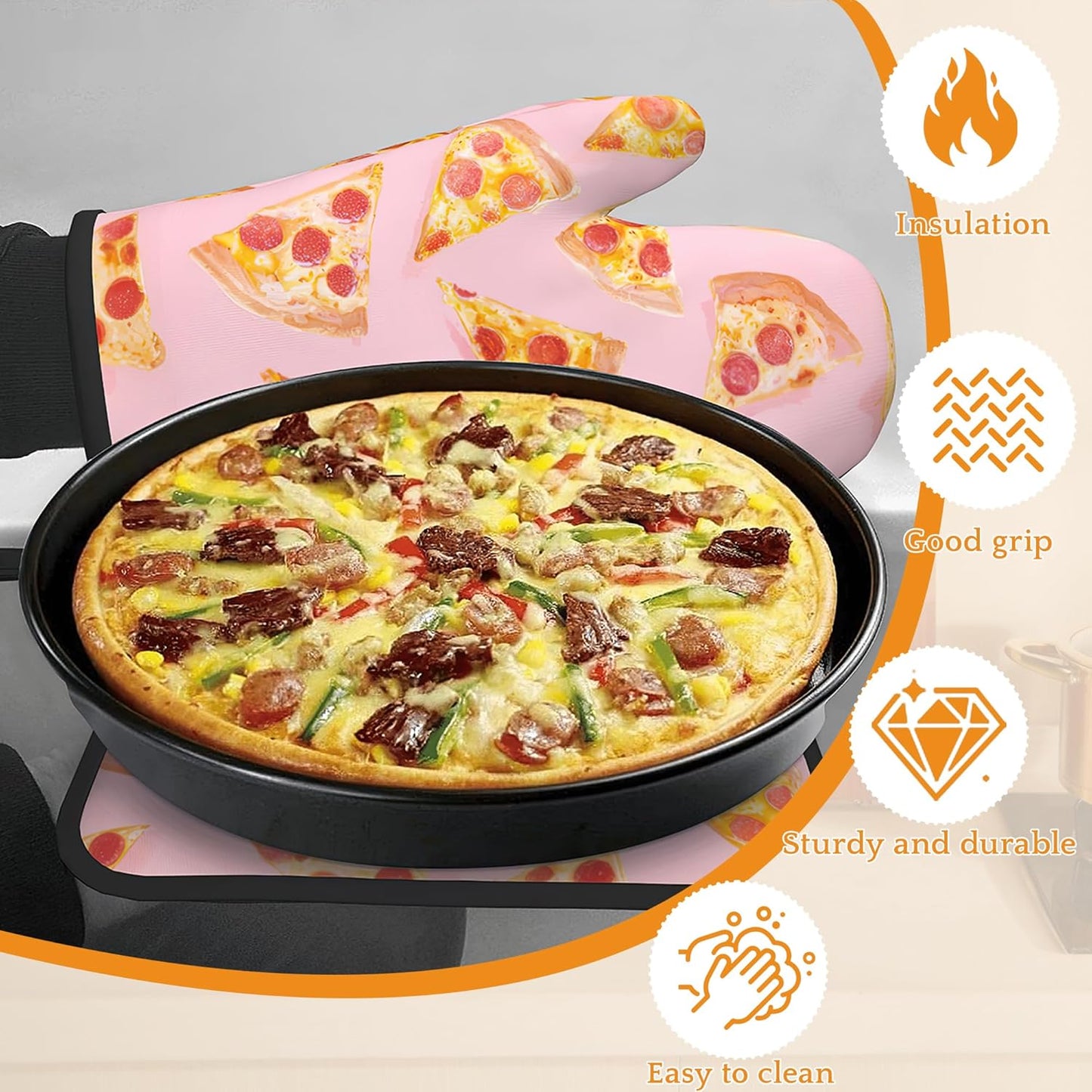 Cute Pizza Oven Mitts and Pot Holders,Heat Resistant Oven Mitts Gloves and Pot Holder for Home Kitchen Decorations Cooking Baking BBQ Gifts,Set of 4