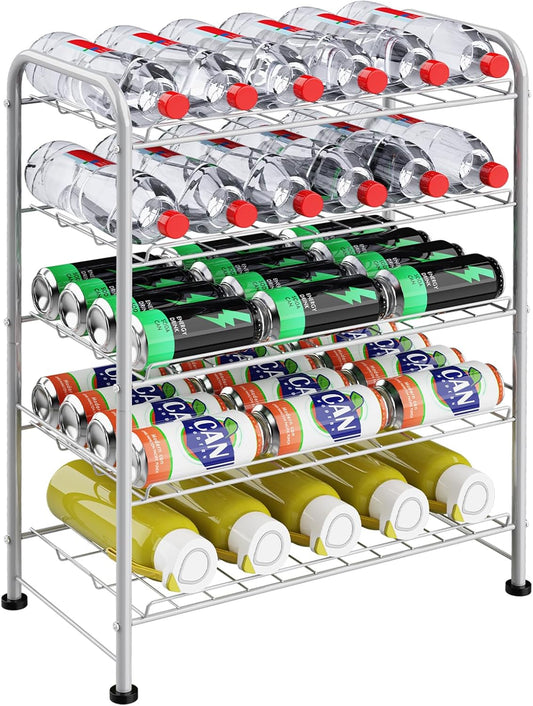 Water Bottle Holder Organizer 5 Tier Water Bottle Storage Rack, Freestanding Floor Beverage Soda Can Dispenser Organizer Rack for Pantry, Kitchen Countertop, Cabinet, Office, Hold 30 Bottles, Silver