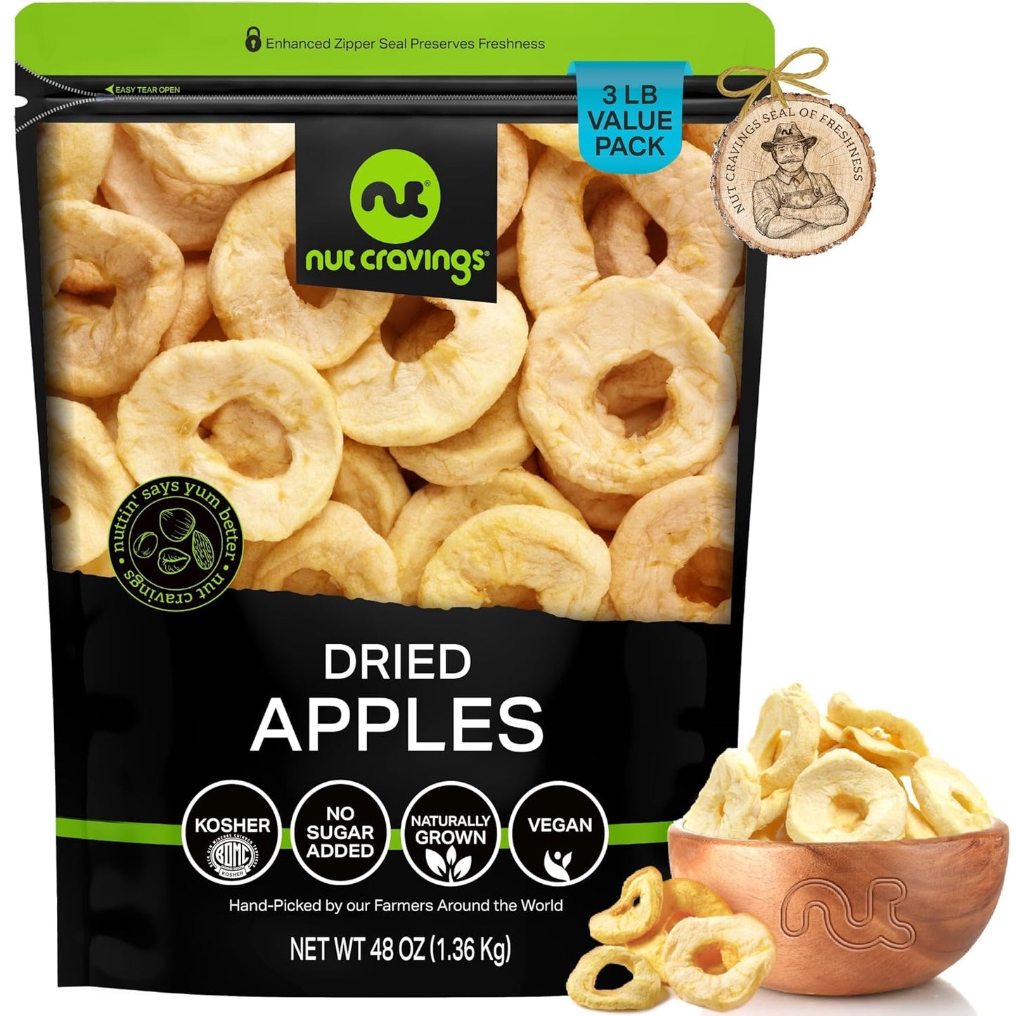 NUT CRAVINGS - Dried Apple Rings Slices, No Sugar Added - Chewy Soft Texture (48oz, 3 LB) Bulk Dry Fruits Packed Fresh in Resealable Bag - Sweet Healthy Snack, Naturally Grown, Vegan, Kosher