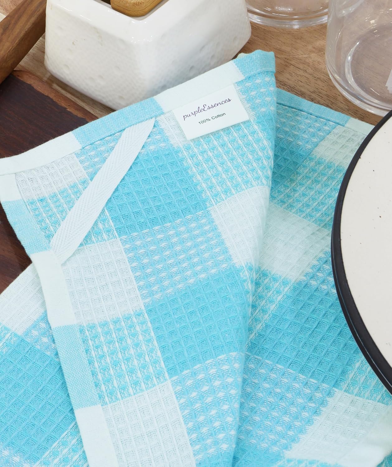 PurpleEssences 100% Cotton Waffle Weave Check Plaid Kitchen Towels, Super Soft and Absorbent Dish Towels for Drying Dishes 15 x 25-4 Pack - Spring Summer - Aqua Blue and White