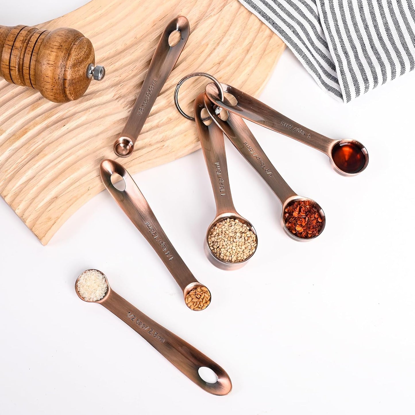 Copper Measuring Spoons Set, Stainless Steel Measuring Spoons Set 6, Metal Measuring Teaspoon & Tablespoon for Baking, Both Imperial & Metric Measuring Tools for Liquid & Dry