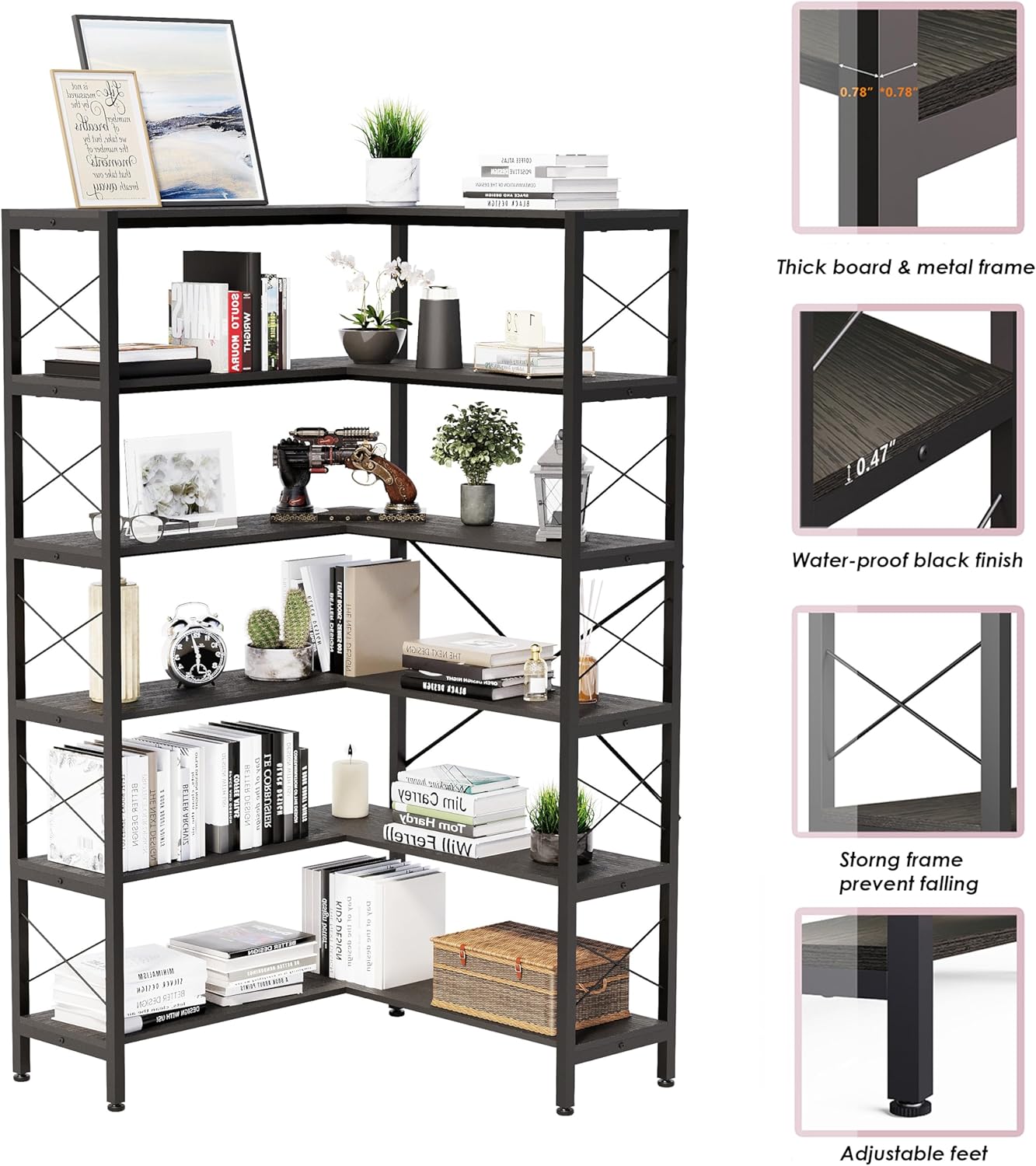 6-Shelf Corner Bookshelf, Vintage Industrial Etagere Bookcase, Large Book Shelf With Metal Frame Open Storage Cabinet (Black, Small)