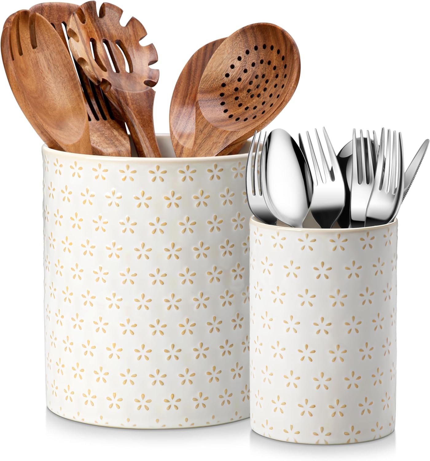 MALACASA LYDIA Ceramic Utensil Holders, 7.3"+5.5" Kitchen Utensil Crock Set for Countertop, Large & Small Utensil Organizers for Cooking Tools, Five-Leaf Grass Pattern