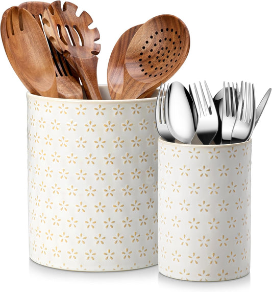 MALACASA LYDIA Ceramic Utensil Holders, 7.3"+5.5" Kitchen Utensil Crock Set for Countertop, Large & Small Utensil Organizers for Cooking Tools, Five-Leaf Grass Pattern