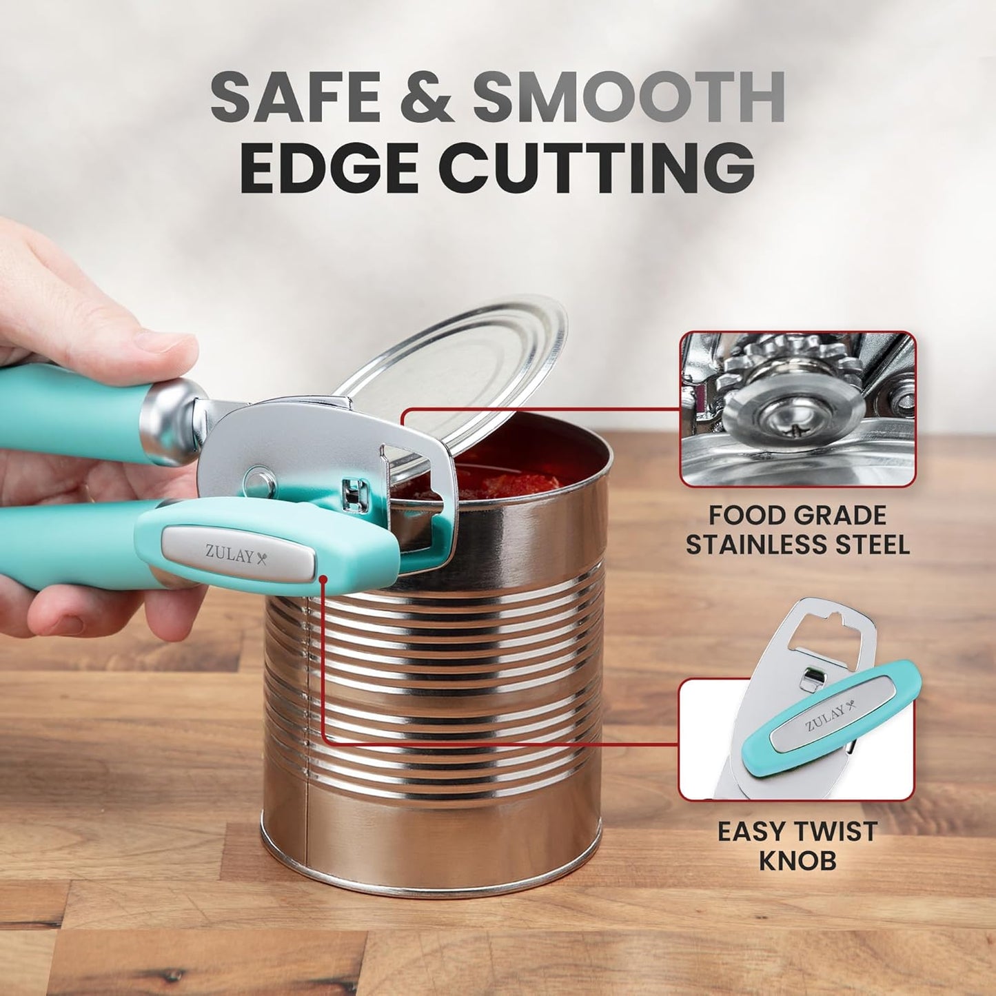 Zulay Kitchen Heavy Duty Stainless Steel Can Opener Manual with Bottle Opener - Rust Proof Manual Can Opener With Turn Knob & Comfy Soft Grip Handles - Teal