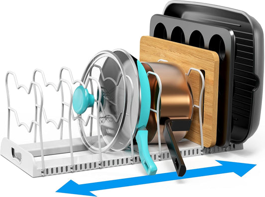 SIMPLE HOUSEWARE Expandable Pan Organizer Rack, 10 Adjustable Compartments, White - Kitchen Cabinet Organizer for Pots, Pans, Lids & Bakeware - Pantry & Countertop Storage