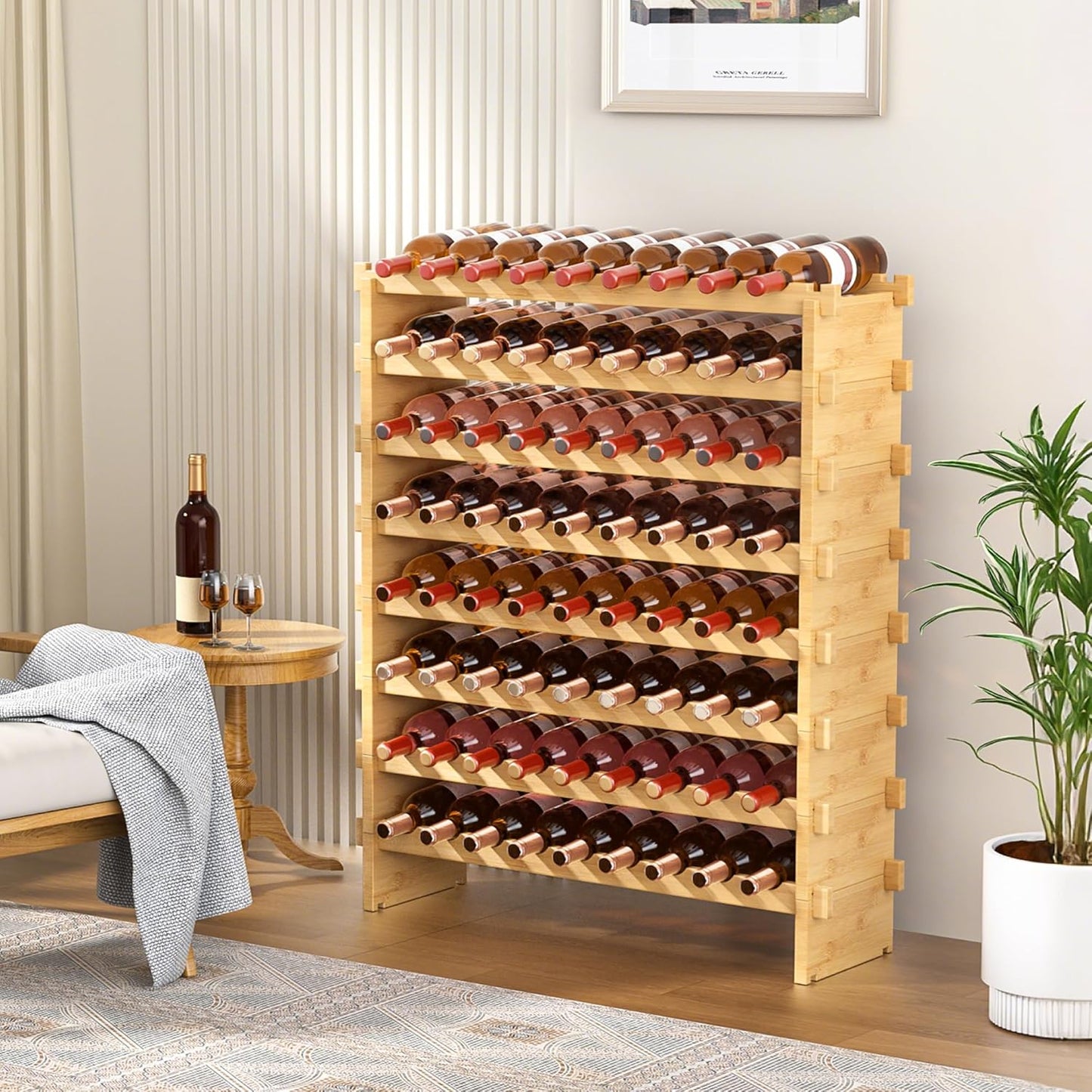 VASMIA Bamboo Stackable Wine Rack,72 Bottles Wine Rack Freestanding Floor,No Tools Assembly,8-Tier Display Wine Storage Shelf for Kitchen, Bar, Dining Room,Cellar,Natural