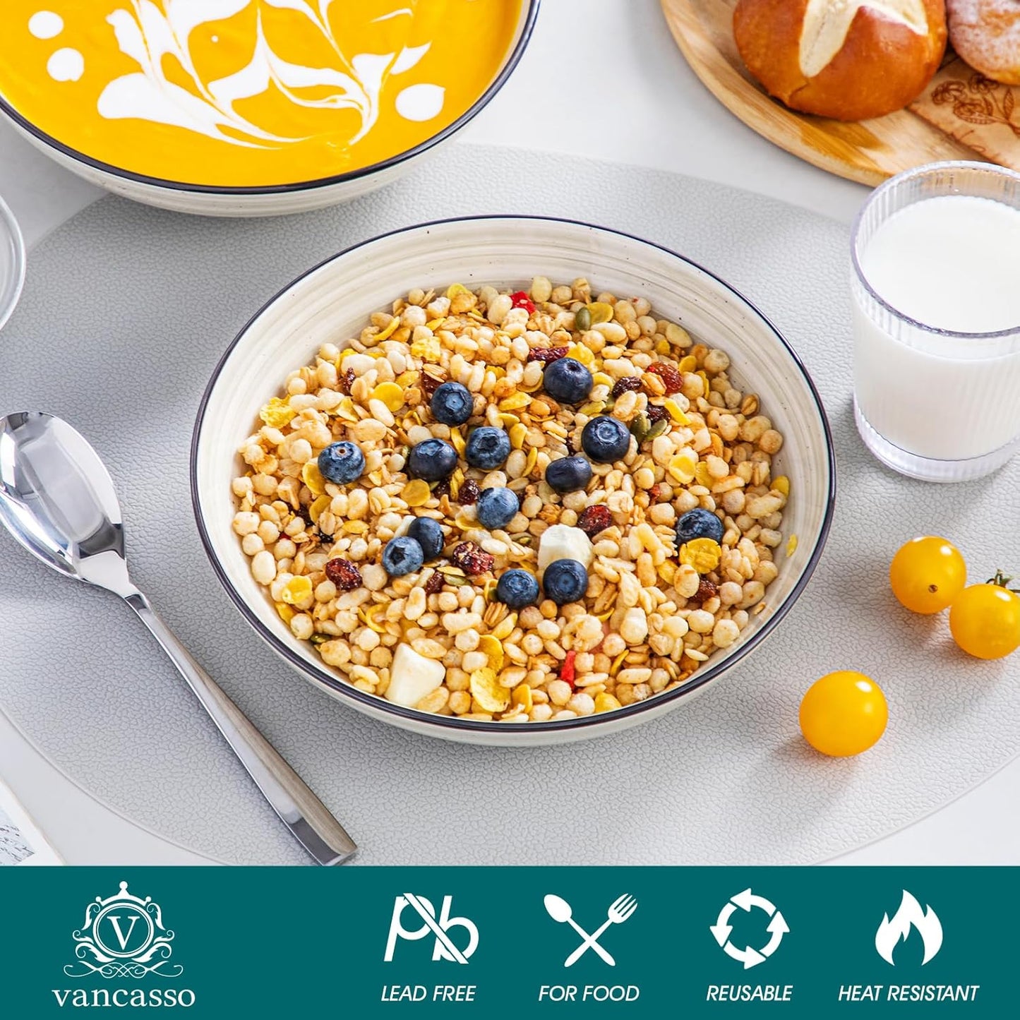 vancasso Bonbon Pasta Bowls Set of 6, 38 Oz Ceramic Salad Bowls, Wide and Shallow Bowls Set, Large Serving Bowls for Kitchen, Beige