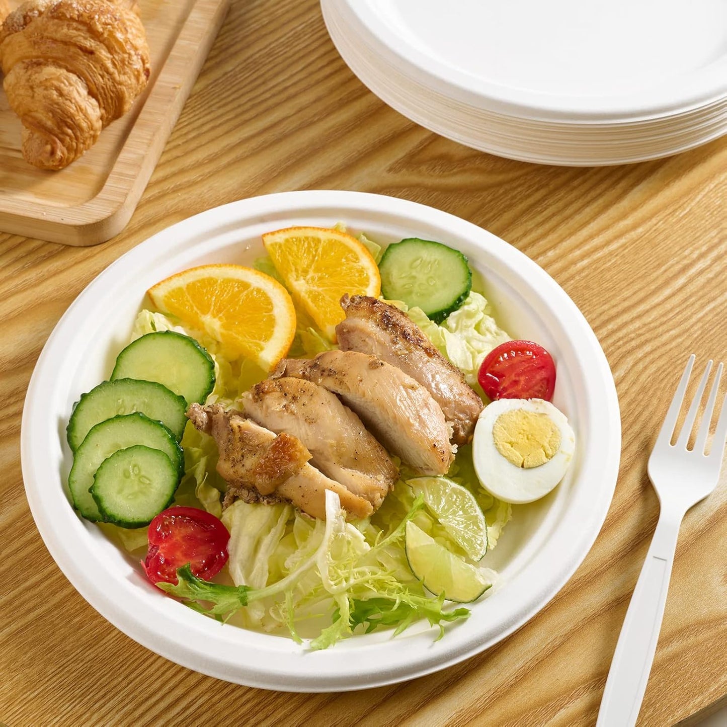 Vplus 150 Pack Paper Plates 9 inch 100% Compostable, Heavy-Duty Disposable Paper Plates Bagasse Natural Biodegradable Eco-Friendly Sugarcane（White）