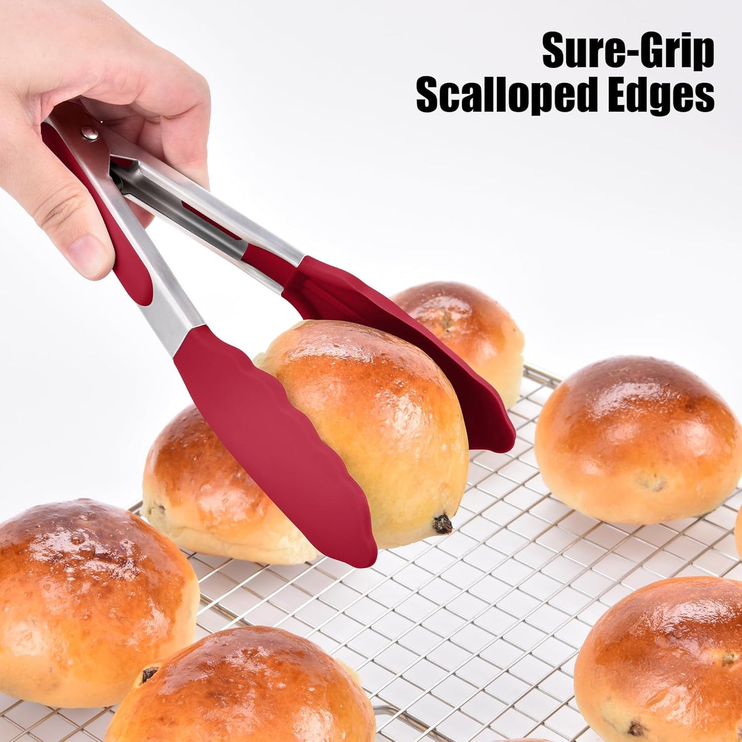 Doosu Kitchen Tongs for Cooking - 600°F Heat Resistant Food Tong with Non-Scratch Silicone Tips, Heavy Duty Stainless Steel Locking Tong for BBQ, Grilling Steak, Serving Salad, Pasta (7in, Red)