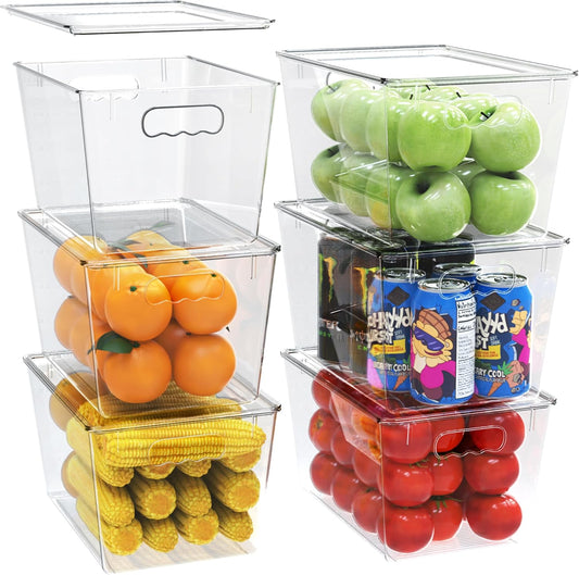 YAN & HIN 6 pcs/set Large Clear Storage Bins with Lids - Stackable, Transparent Pantry Storage with Handles - Nest Nicely for Easy Organization (11 "L x 7.5" W x 6.1 "H)