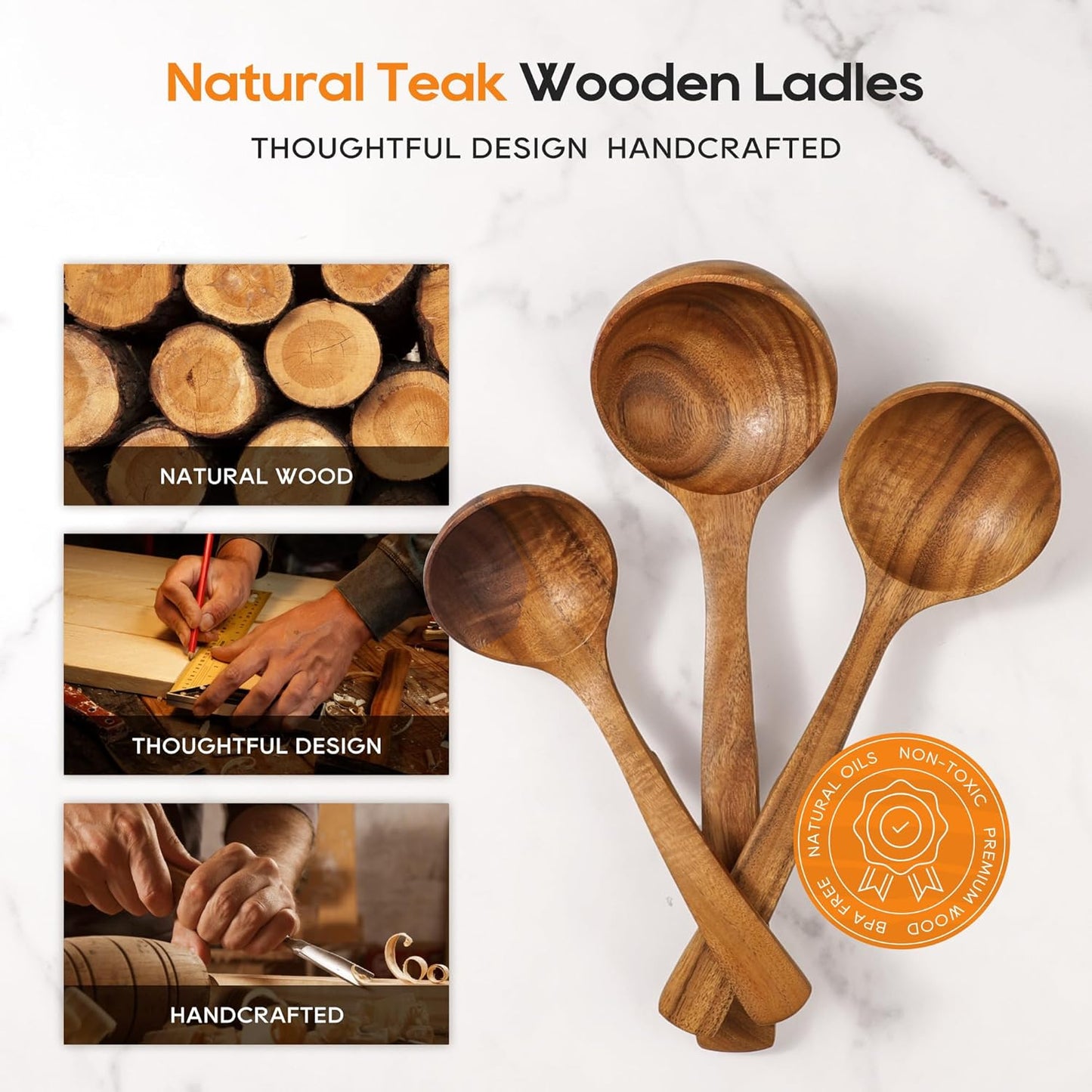 Wooden Ladle for Soup, 3 Size Teak Wood Ladle Spoon with Back Hooks, Heat Resistant Wooden Spoons for Cooking, Non-Stick, Comfortable Grip, Wood Kitchen Utensils Set for Serving, Stirring