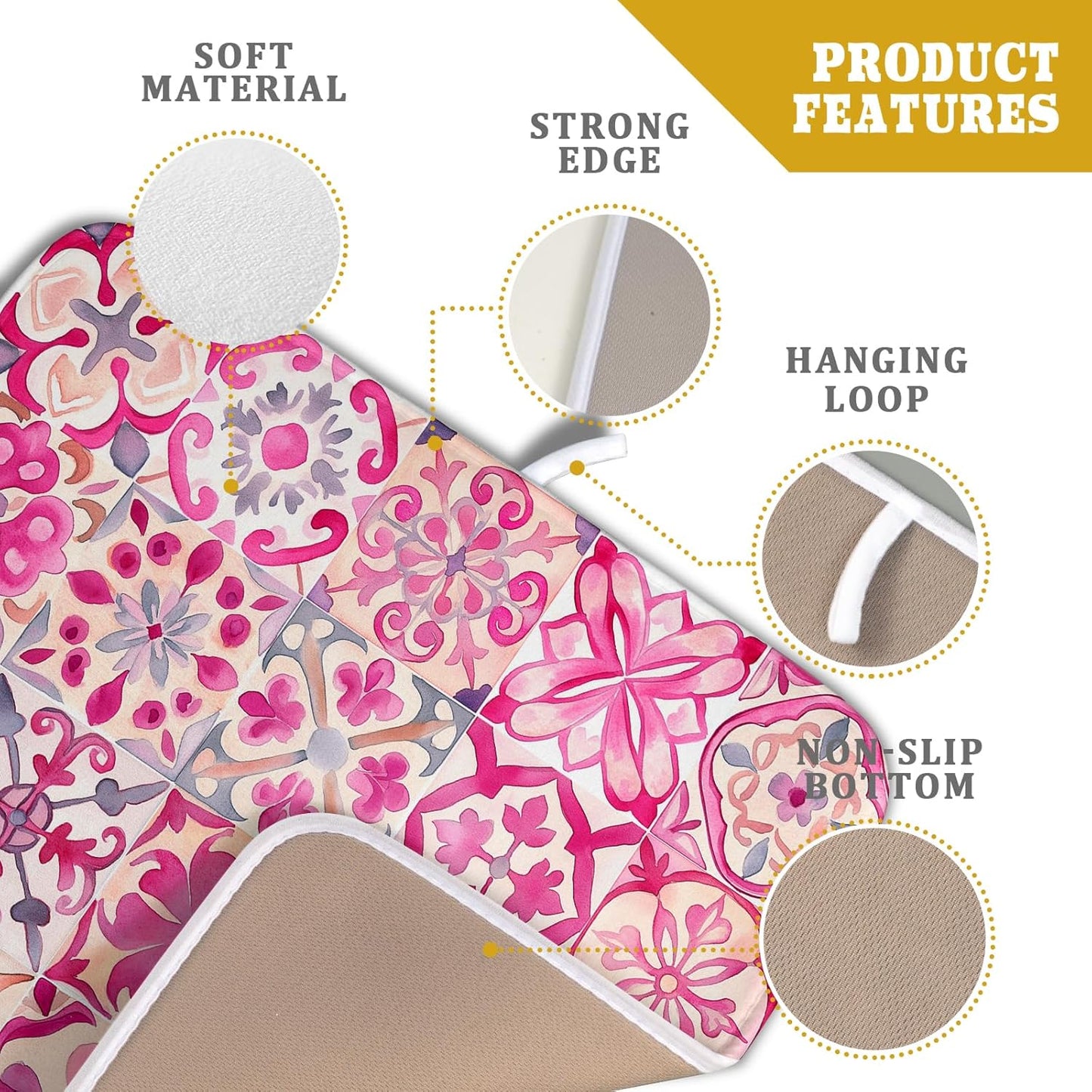 Pink Mexican Tiles Dish Drying Mat Absorbent Microfiber Dish Drying Pad for Kitchen Multi-use Large