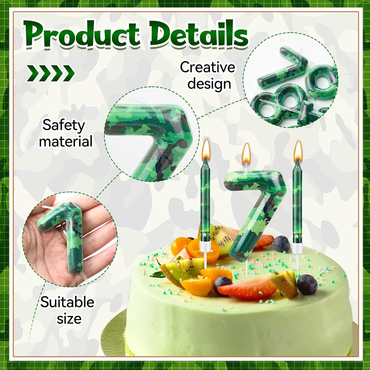 13 Pcs Camo Themed Birthday Candles 12 Army Themed Birthday Cake Candles and Number 7 Candle Cake Topper for Birthday Party Camouflage Motif Party Hunting Themed Party Decoration Supplies (Number 7)