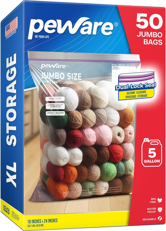 Large Storage Bags, 18"x24" Jumbo Plastic Bag, BPA Free, 5 Gallon XL Zipper Lock Baggies for Clothes Pillow Travel Moving - 50 Jumbo Bags