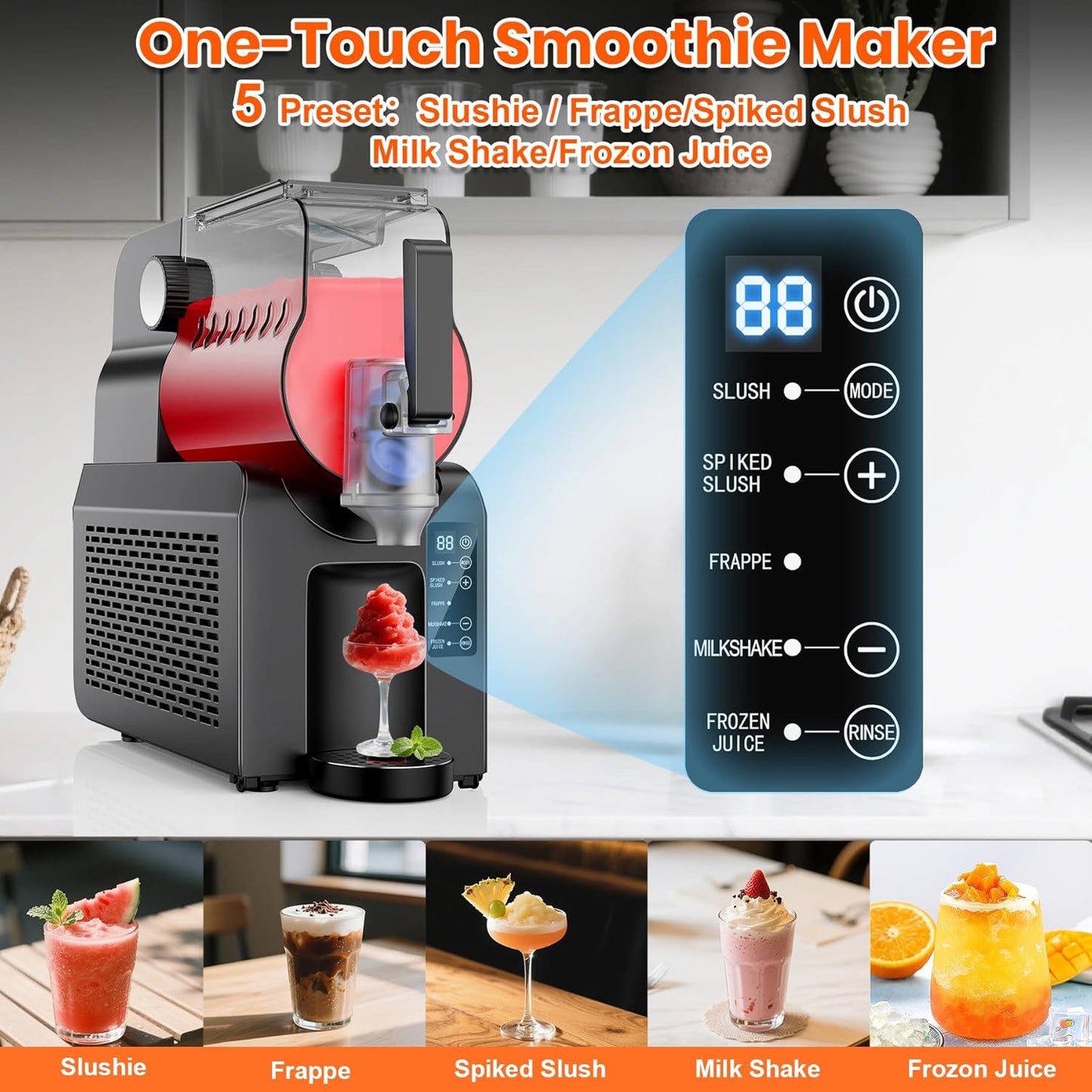 88 oz Slushie Maker Machine All-in-One Frozen Drink Machine for Home No Ice Needed 5 Smart Presets | Low Noise | Self-Cleaning | Ideal for Smoothies, Frappés, Milkshakes, Margaritas, Cocktails