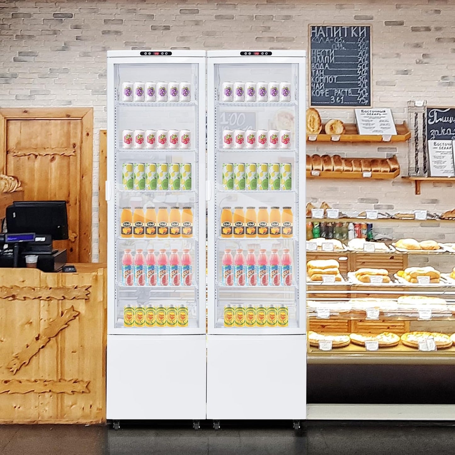 10.5 Cu.Ft Refrigerated Display Case, Floor-Standing Display Refrigerator with LED Light and Adjustable Shelves, Commercial Display Fridge with Casters for Cakes, Coffee, Bakery, Supermarkets, Store
