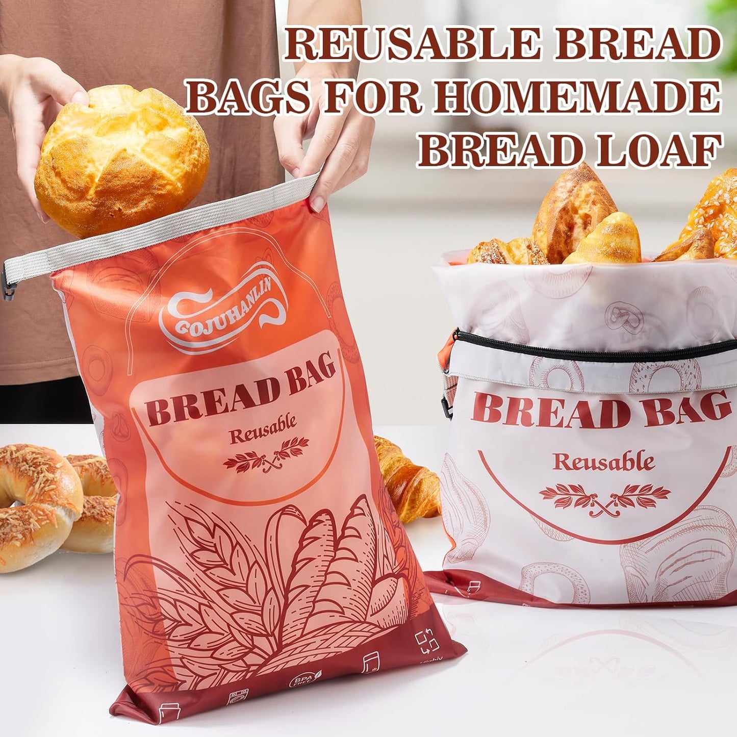 2 Pack Reusable Bread Bags for Homemade Loaves, 17 * 13 Inch Extra Large Storage Bag with Zipper, Bread Container for Freezer Food Storage