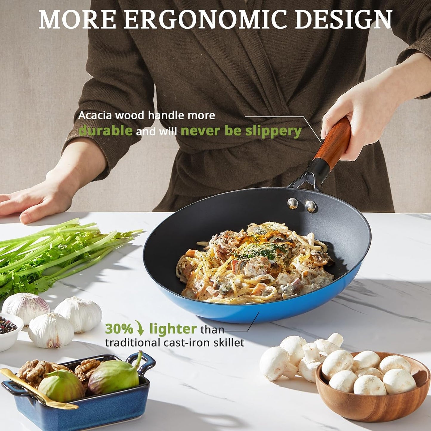 KITESSENSU Enameled Cast Iron Skillets - Non Stick Frying Pans Set with Durable Wooden Handle - 10&12 Inch Titanium Cast Iron Pans for Multi-Cooking - Pre Seasoned Cookware Set - Gradual Cobalt Blue