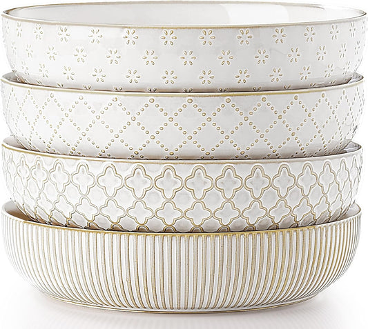 getstar Pasta Bowls, Large Salad Serving Bowls (8.2 inch/35 oz), Ceramic Bowl Plates Set of 4, Farmhouse Embossments, Microwave and Dishwasher Safe